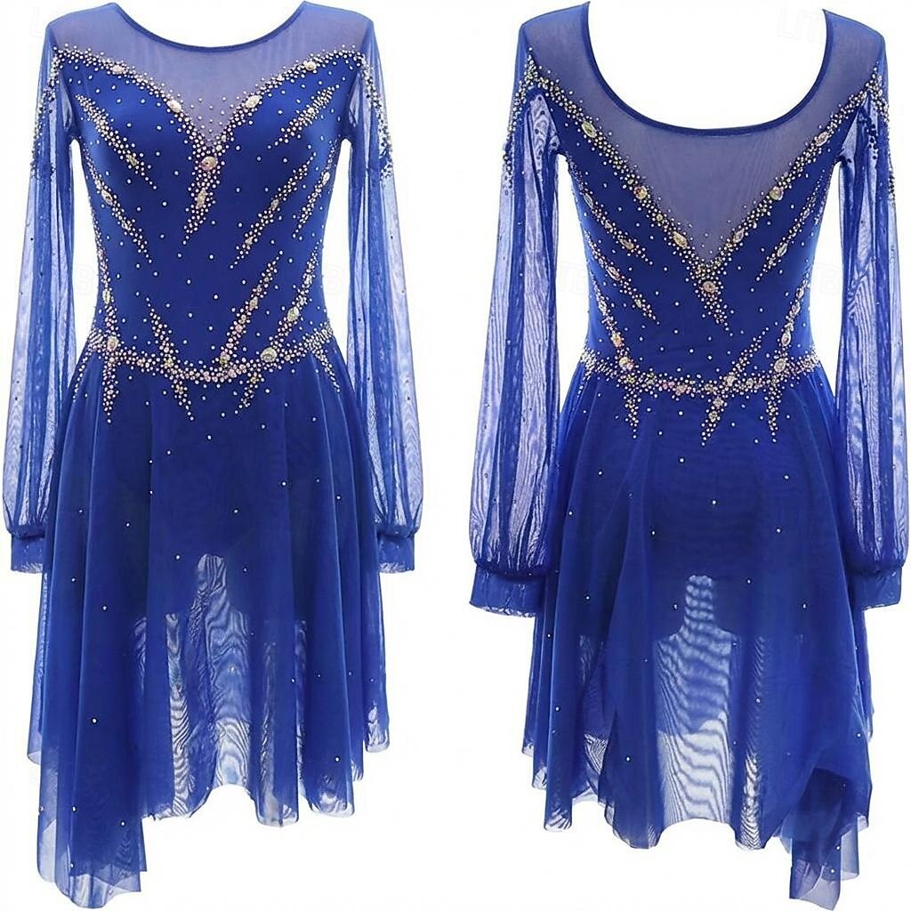 Figure Skating Dress Women's Ice Skating Dress Navy Patchwork Open Back Stretchy Training Competition Skating Wear Classic Crystal / Rhinestone Long Sleeve Ice Skating Figure Skating 2026 - $255.89 –P1