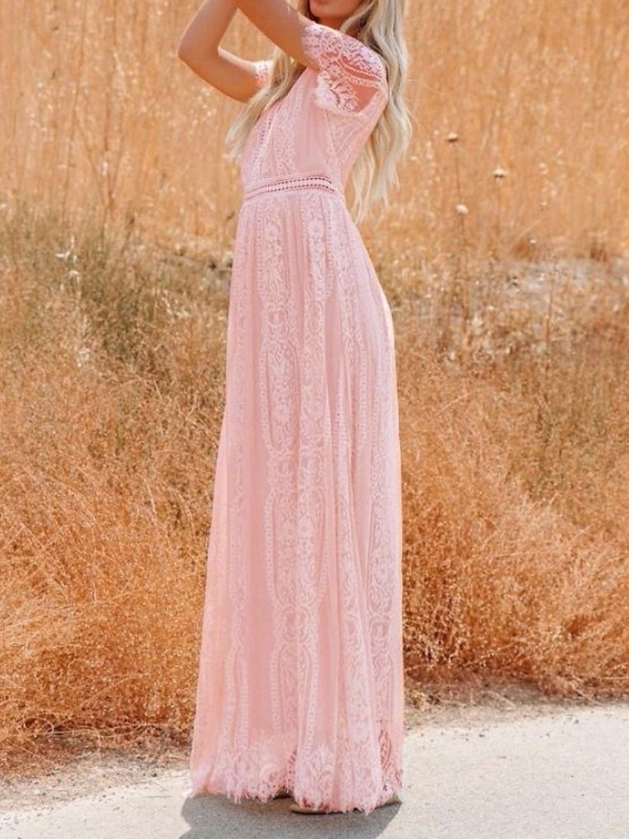 Women's Maxi Dress White Lace Dress Elegant Fashion Modern Outdoor Vacation Going out Regular Fit Plain Short Sleeve V Neck White Summer Spring 2026 - $43.99 –P8