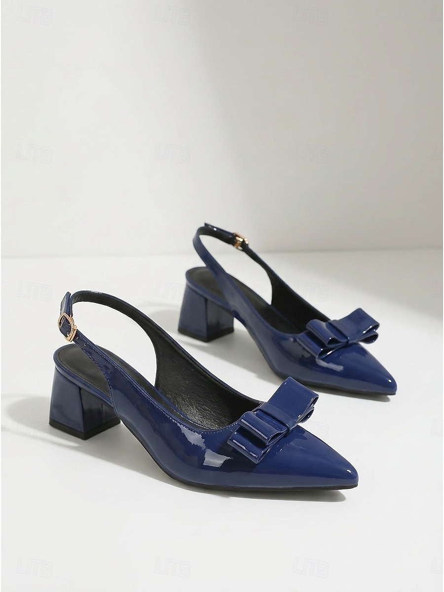 Elegante damespumps van marineblauw lakleer - chique pumps met spitse neus en strik. &Stevige blokhak voor kantoorwerk, business casual &dagelijkse professionele kleding 2026 - $46.99 –P5