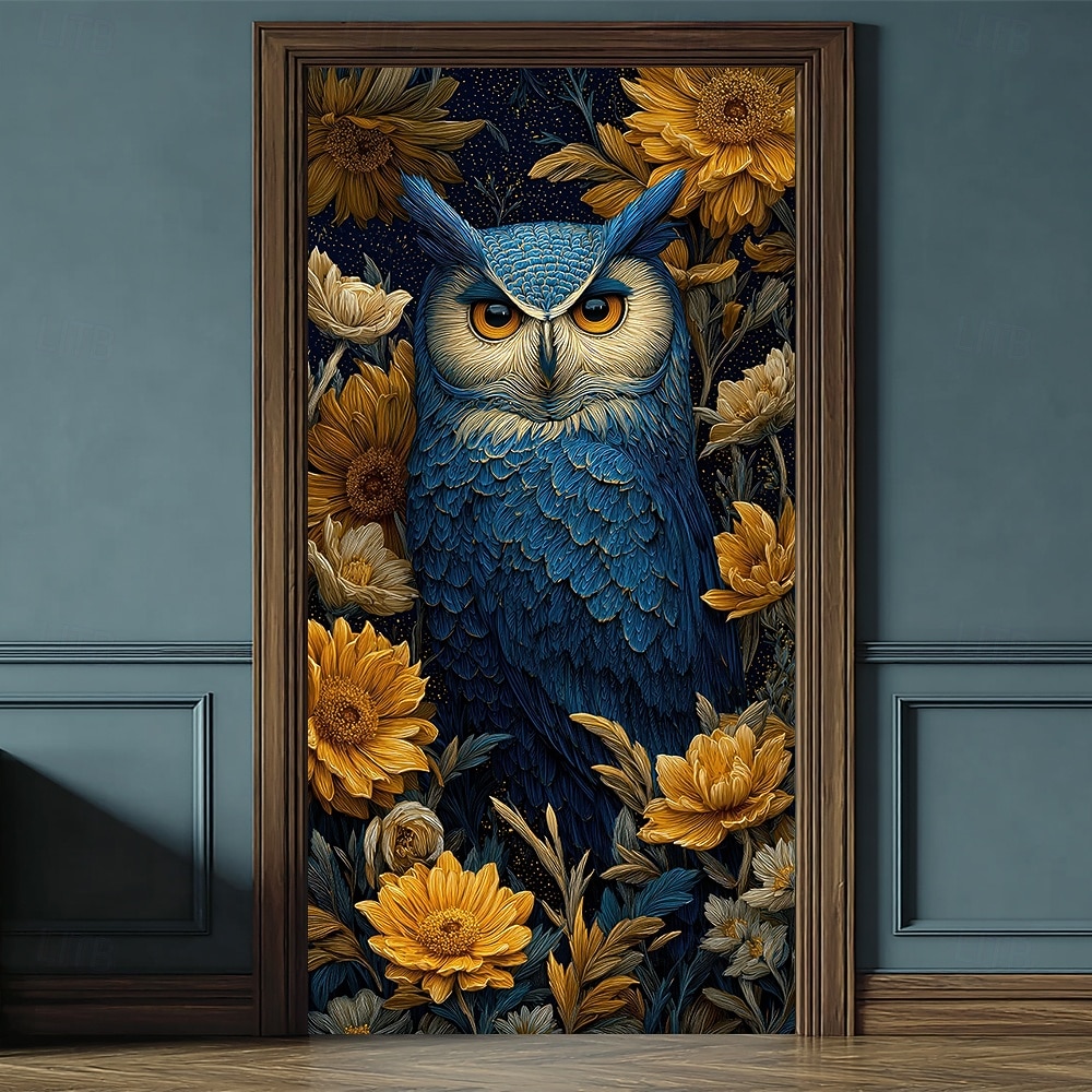 sininen pöllö keltaisilla auringonkukilla keskiyön kukkataide tähtitaivas ovibanneri seinävaate autotallin oven banneri kodin sisustus etuoven koristelu eteisen sisustus sisällä ja ulkona 2026 - $17.99 –P1