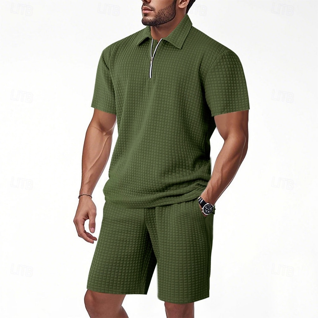 Herre Polo T-skjorte drakter Joggedress Shorts og T-skjorte sett Kortermet Kort Erme Aftæpning Sommer Fargeblokk Gymnastik Fritid Jacquard Glidelås 2 deler Avslappet Feriereise Dagligdagstøy Svart 2026 - $35.99 –P19