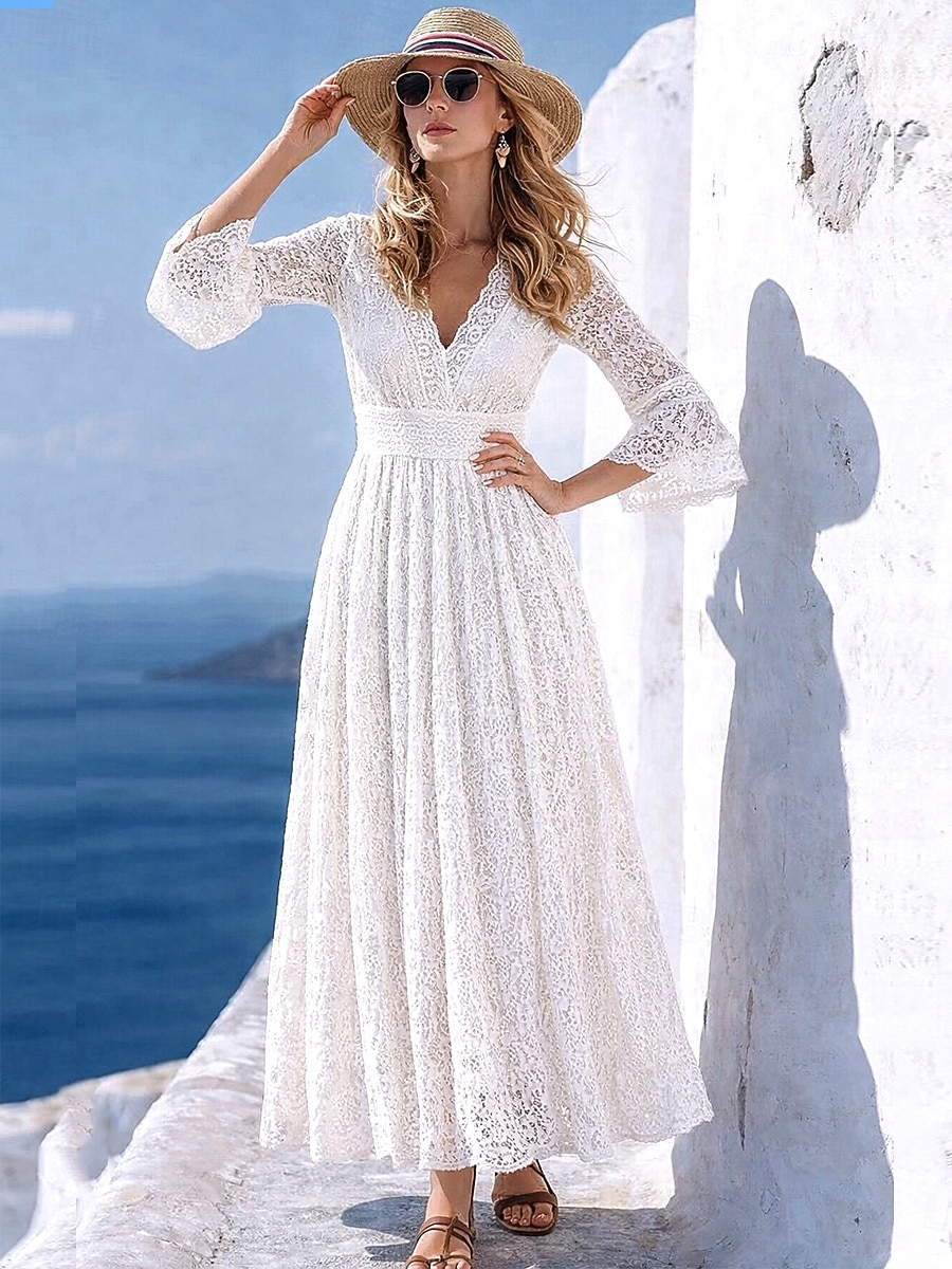 Per donna Abito maxi Abito in pizzo bianco Abito a trapezio Casual All'aperto Uscire Vestibilità standard Tinta unica Manica Lunga Scollo a V Bianco Estate Primavera Autunno del 2026 a $29.99 –P2