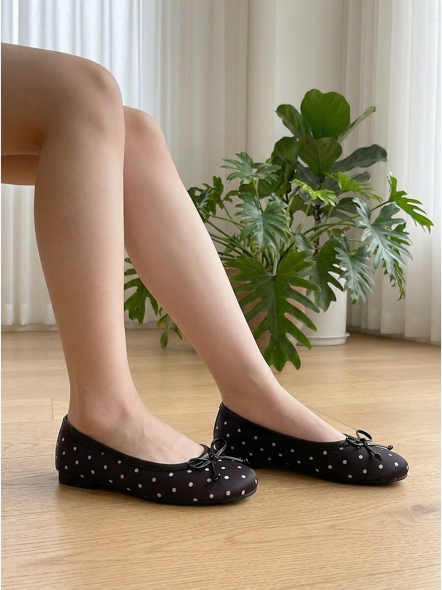 Schwarze Damen-Ballerinas mit Polka-Dots – klassische, runde Slipper zum Hineinschlüpfen mit Schleifenverzierung für Büro und Alltag &Freizeitkleidung 2026 - $36.99 –P4