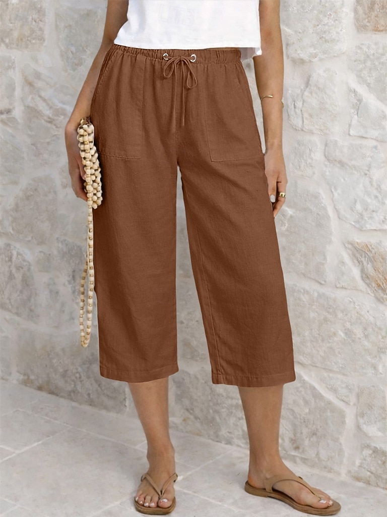 Dam Capribyxor Sommarshorts Beskurna byxor Capri byxor i linne Mode Grundläggande Vadlängd Medium Midja Slät Snörning Ficka Elastisk midja Lättvikt Andningsfunktion Oelastisk Semester Gata Dagliga 2026 - $22.99 –P11