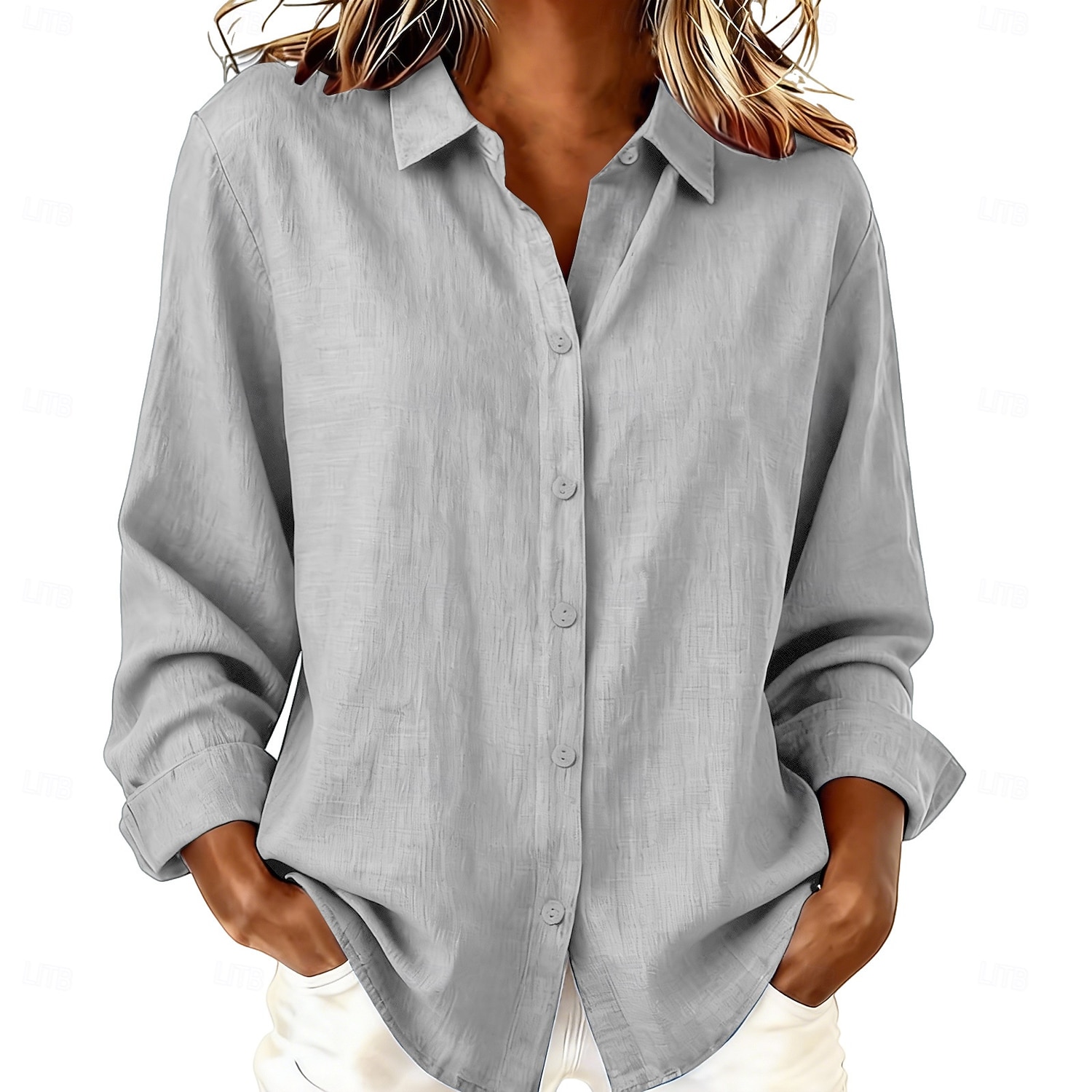 Mujer Blusa Camisa de lino sintético Botones Color sólido Diario Casual Manga Larga Escote en Pico Tops regulares Diario Azul Piscina Blanco Amarillo Rosa Gris Verano Primavera Otoño 2026 - $33.99 –P4
