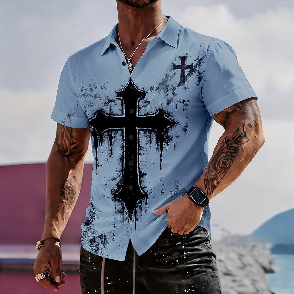 Herren Kreuz Religion Hemd Freizeithemd Knopfhemd Langarm Vintage-Retro Streetwear Urlaub Sommer Frühling Umlegekragen 3D-Druck Hemden mit Kragen Blau Weiß Purpur Khaki 2026 - $25.99 –P2