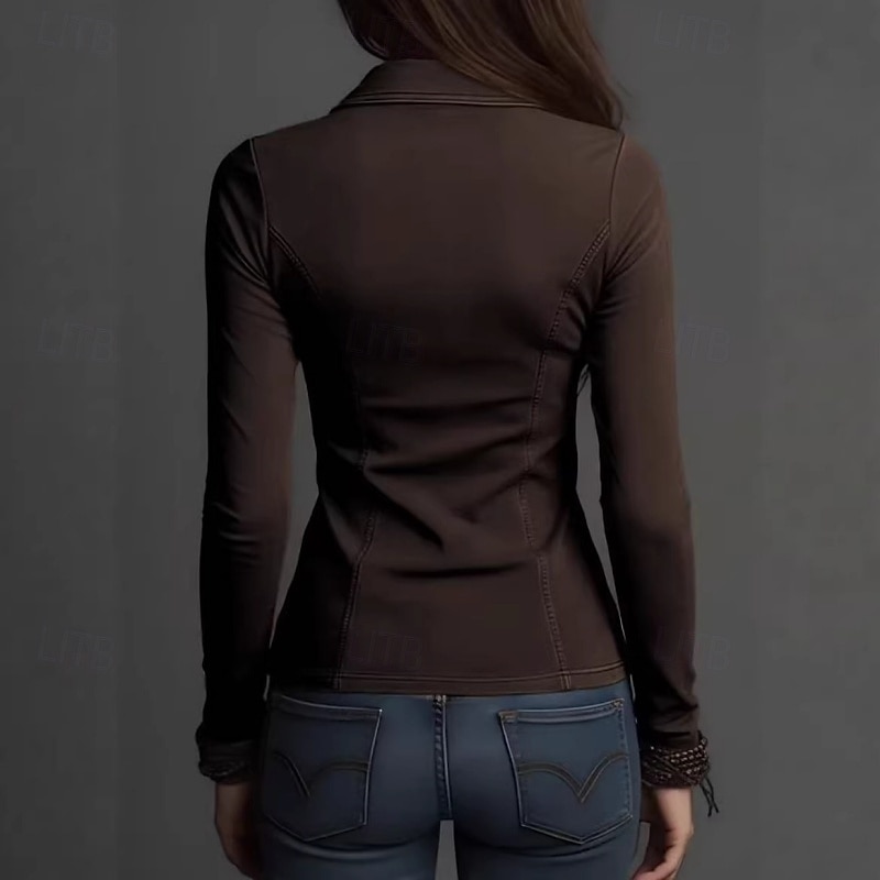 Mujer Camisa Blusa Cremallera Plano Clásico Retro Antiguo Moderno Manga Larga Escote Chino Tops regulares Diario Festivos Noche Verde Ejército Marrón claro Marrón Verano Primavera 2026 - $33.99 –P3