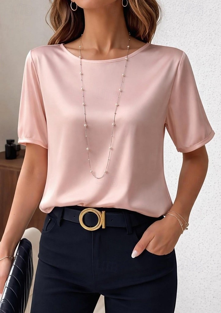 Per donna Top in raso Maglietta Tinta unica Elegante Casual Manica Corta Girocollo Top Regolari Quotidiano Uscire Nero Rosa Rosso Verde Albicocca Estate Primavera del 2026 a $21.99 –P8