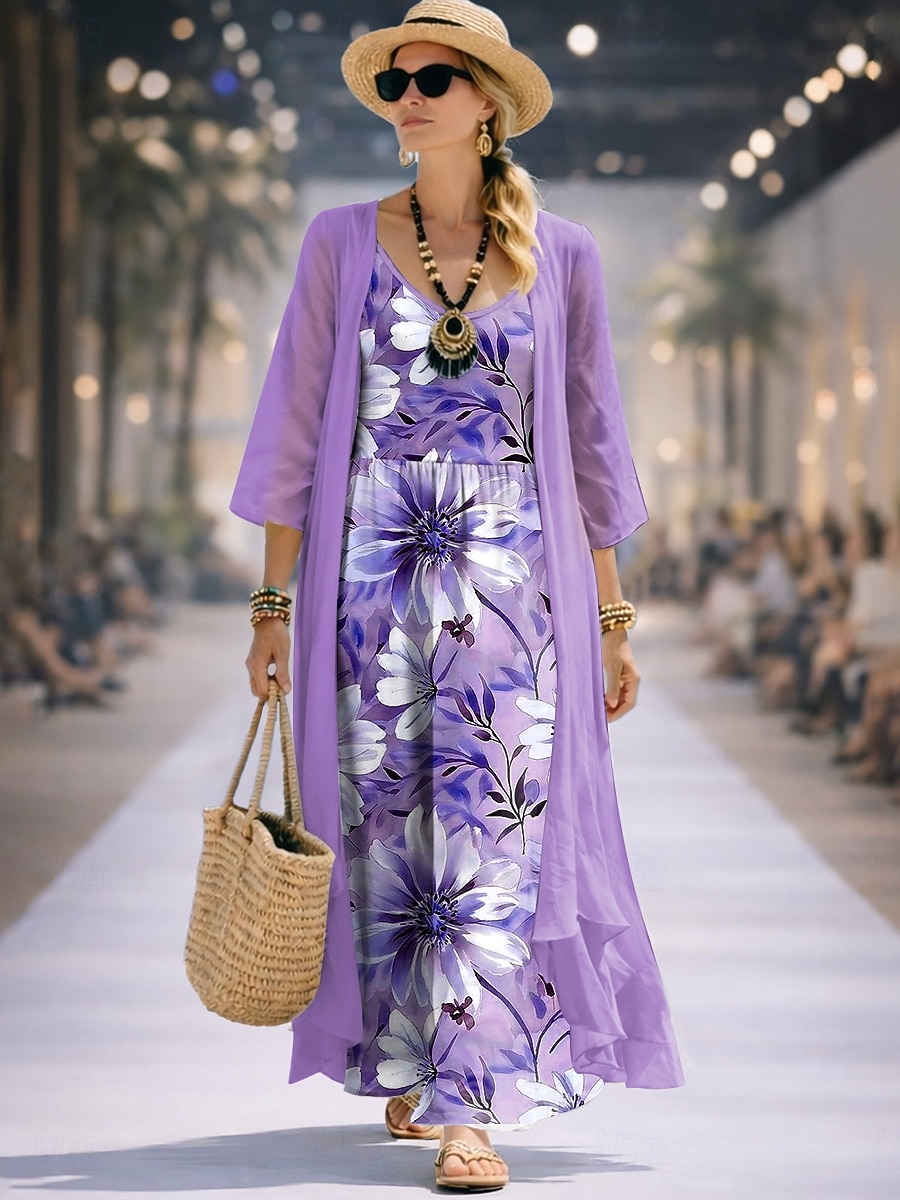 Mujer Conjunto de vestido Vestido de una línea Elegante Vacaciones Floral Graphic Multi capa Estampado Vestido maxi Manga 3/4 Escote en Pico Diario Fiesta Azul Piscina Rosa Morado Verano Primavera 2026 - $51.99 –P3