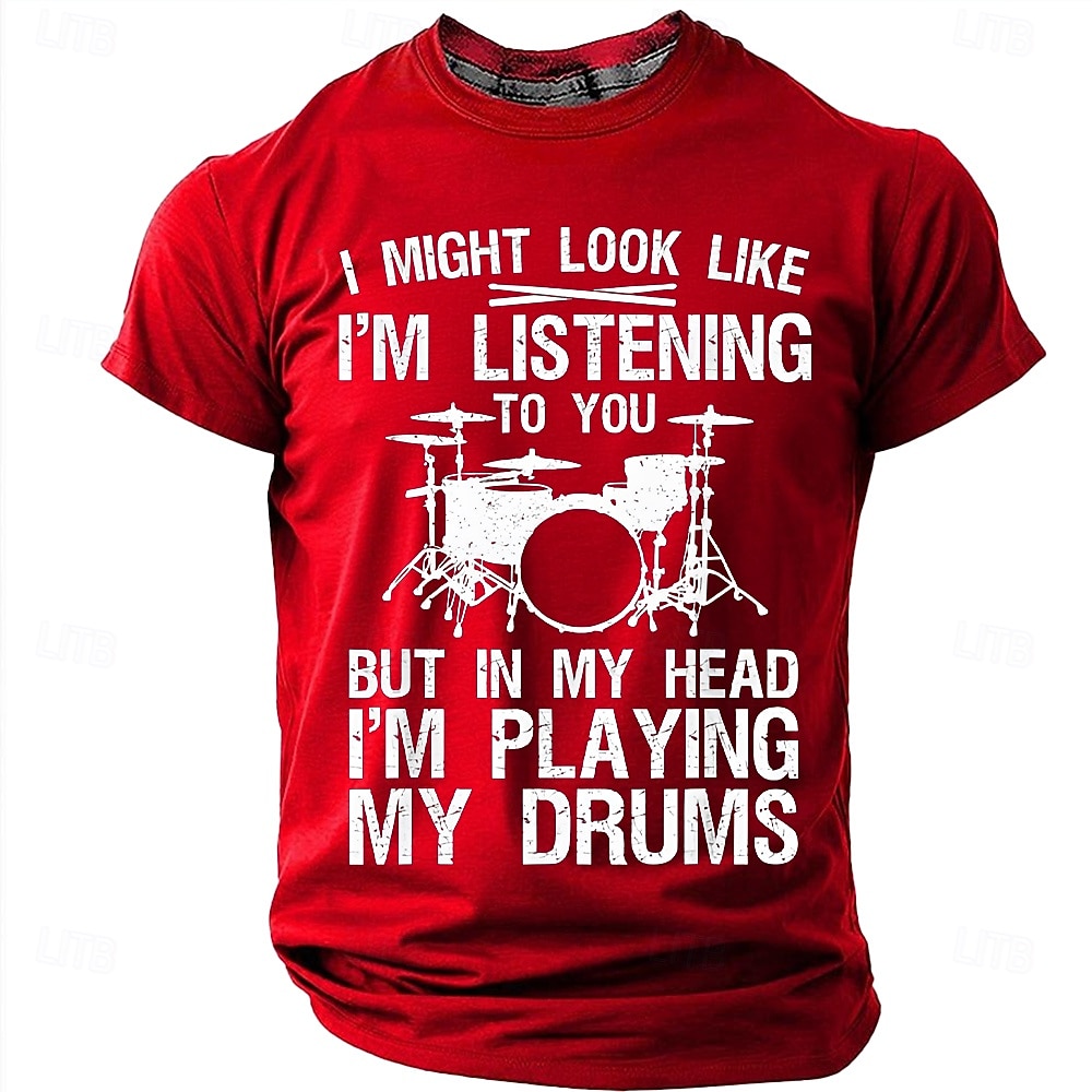 Men's "In My Head I'm Playing My Drums" Funny Drummer Graphic T-Shirt Percussionist Joke Quote Tee Musician Gift Band Practice Gear Distressed Style Casual Short Sleeve Apparel S-3XL 2026 - $21.99 –P10