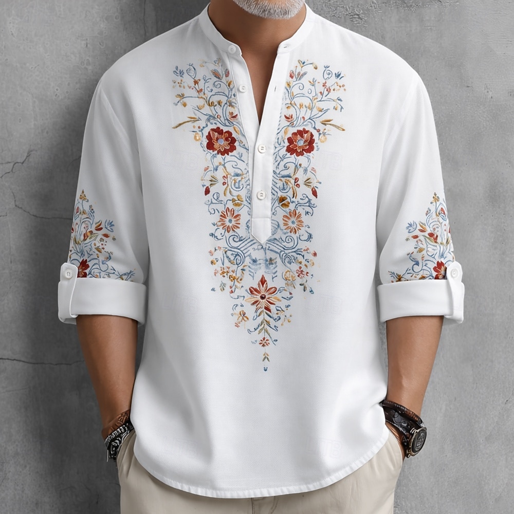 Bărbați Imprimeu floral Έθνικ Flori Cămașă Camașă cu nasturi Cămașă Henley Manșon Lung Vintage Retro Casual Vacanță Nuntă Vară Primăvară Guler mandarin Guler în picioare Imprimare 3D Cămașă de in 2026 - $27.99 –P1