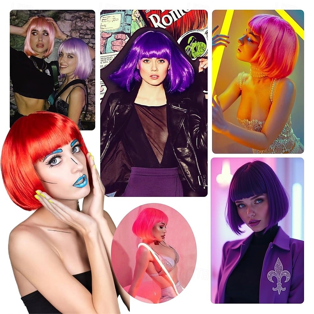 Ljusrosa bobperuker med lugg (kan trimmas) raka korta peruker för kvinnor syntetisk rosa peruk för cosplay-kvinnor 2026 - $30.99 –P3