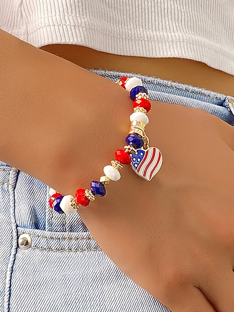 Women's Alloy & Acrylic Patriotic Charm Bracelet, Stretch Beaded Bracelet in Multi Pendant Styles for America 250th Celebration, Independence Day and Daily Casual Wear 2026 - $7.99 –P1