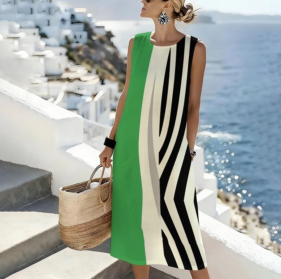 Per donna Abito Midi Abito a Tubino Vestito Estivo Abito a trapezio Vacanza Casual Boho Spiaggia Uscire Vestibilità comoda Grafico Geometrico Senza Maniche Girocollo Nero Rosa Verde Grigio chiaro del 2026 a $39.99 –P1