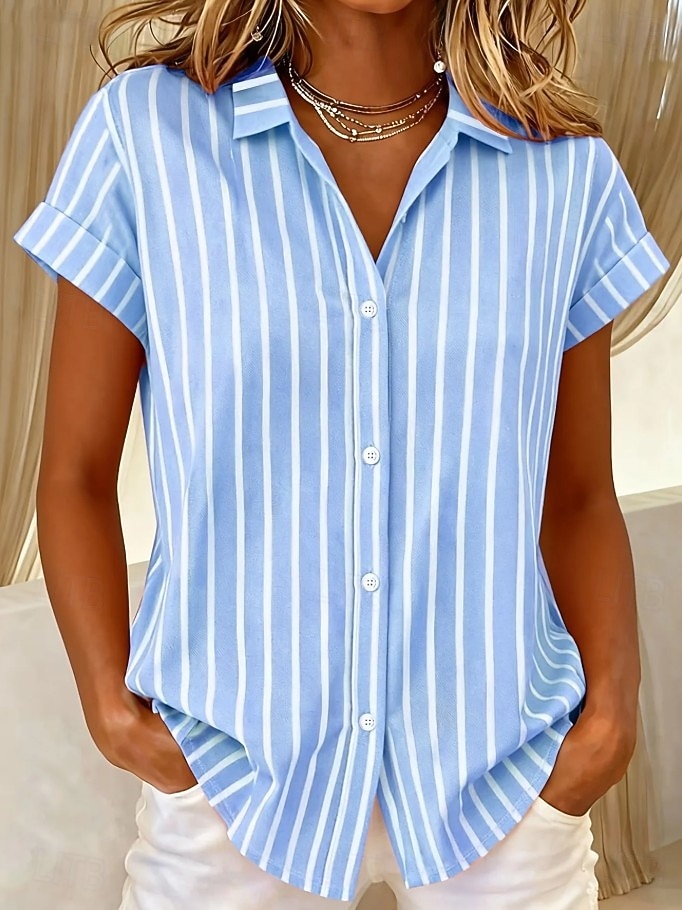 Maglietta da Donna Manica Corta Grafica Geometrica Striata Vintage Tropicana Elegante Senza Maniche Colletto Lungo Top Giornaliero Blu Nero Rosa Arancione Verde Estate Primavera del 2026 a $26.99 –P1