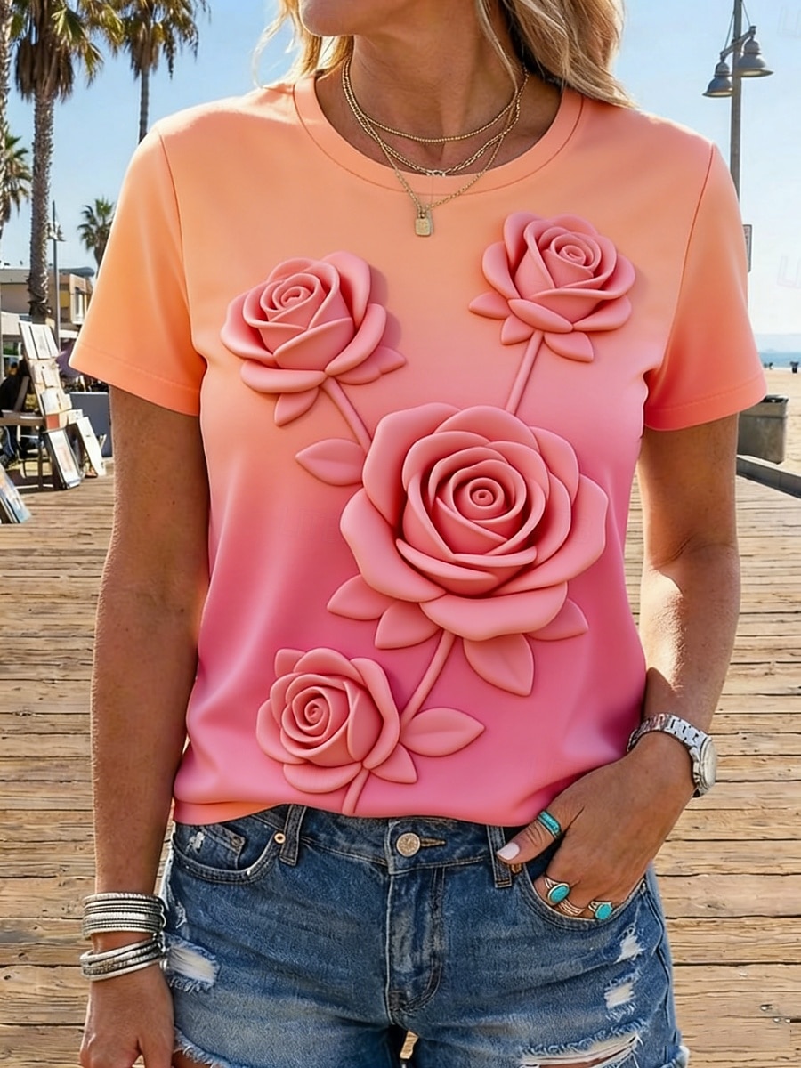 Mujer Camiseta Camiseta superior Estampado Floral Graphic Elegante Clásico Casual Manga Corta Cuello Barco Tops regulares Diario Noche Ropa de playa Azul Piscina Rosa Verano Primavera 2026 - $19.49 –P2