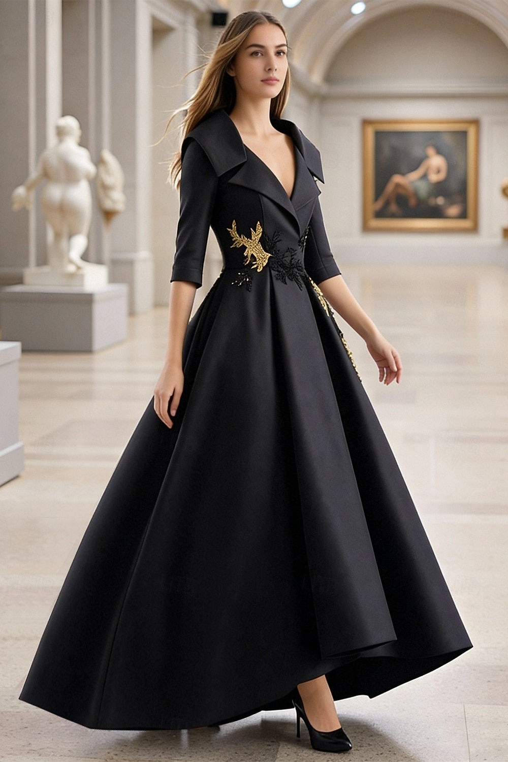 Linha A Longo Vestido formal Vestidos de noite Elegante Manga Longa Decote V Carnaval Formal Bolsos Cetim com Miçangas Apliques de 2026 por $195.99 –P4