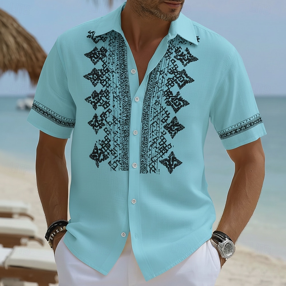 Men's Geometric Pattern Ethnic Shirt Button Up Shirt Short Sleeve Vintage Retro Daily Outdoor Vacation Summer Spring Turndown 3D Print Linen Like Shirt Blue Yellow Sky Blue Purple Khaki 2026 - $25.99 –P3