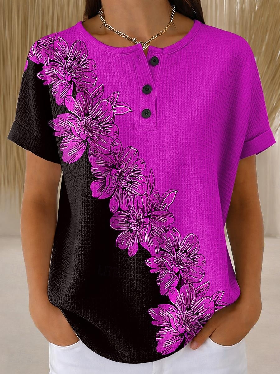 Women's Waffle T Shirt Color Block Print Floral Graphic Vintage Stylish Classic Short Sleeve Crew Neck Regular Tops Daily Blue Red Purple Green Summer Spring 2026 - $24.99 –P2