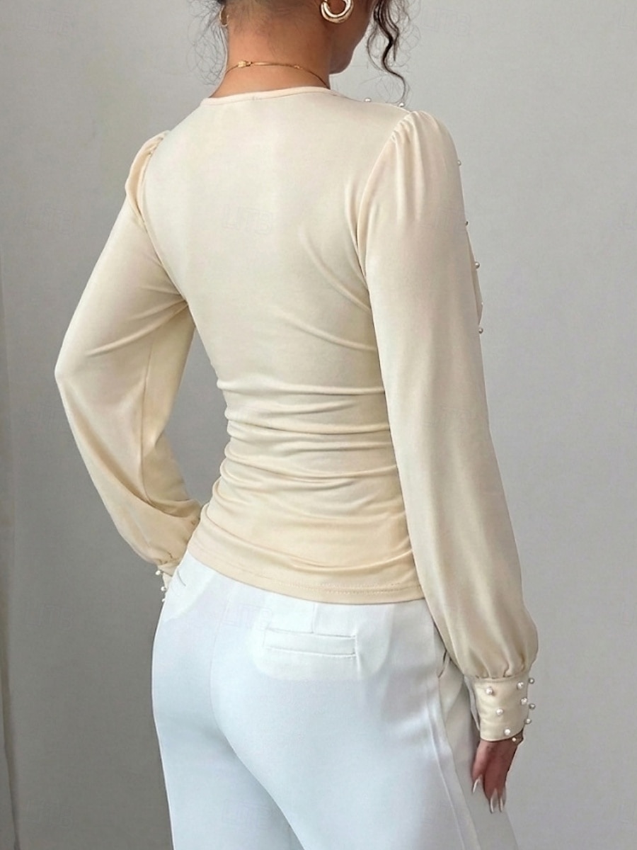 Dam Skjorta Blus Långärmade toppar Rynkad Slät Mode Stylish Klassisk Långärmad V-hals Vanliga toppar Dagligen Helgdag Utekväll Svart Vin Aprikos Sommar Vår 2026 - $29.99 –P13