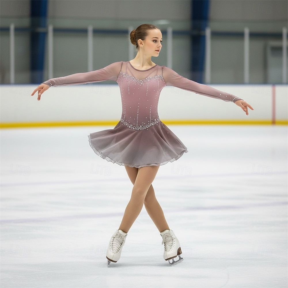 Figure Skating Dress Women's Ice Skating Dress Dark Pink Black White Patchwork Open Back Stretchy Training Competition Skating Wear Classic Crystal / Rhinestone Long Sleeve Ice Skating Figure Skating 2026 - $248.09 –P2