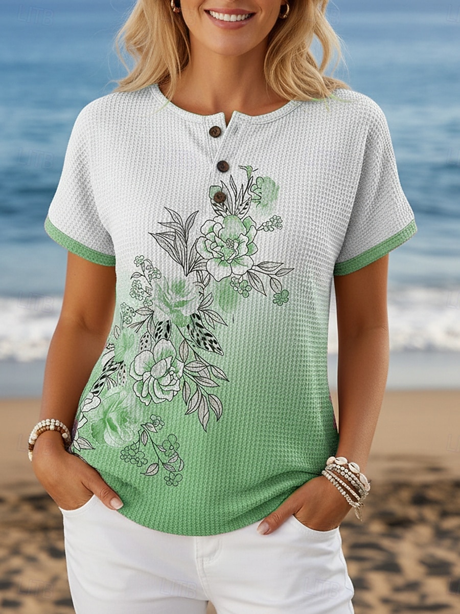 Pentru femei Tricou Imprimeu Nasturi de piept Floral Grafic Stilat Modern Casual Manșon scurt Henley Topuri obișnuite Zilnic Albastru piscină Galben Roz Îmbujorat Mov Trifoi Vară Primăvară 2026 - $17.49 –P6
