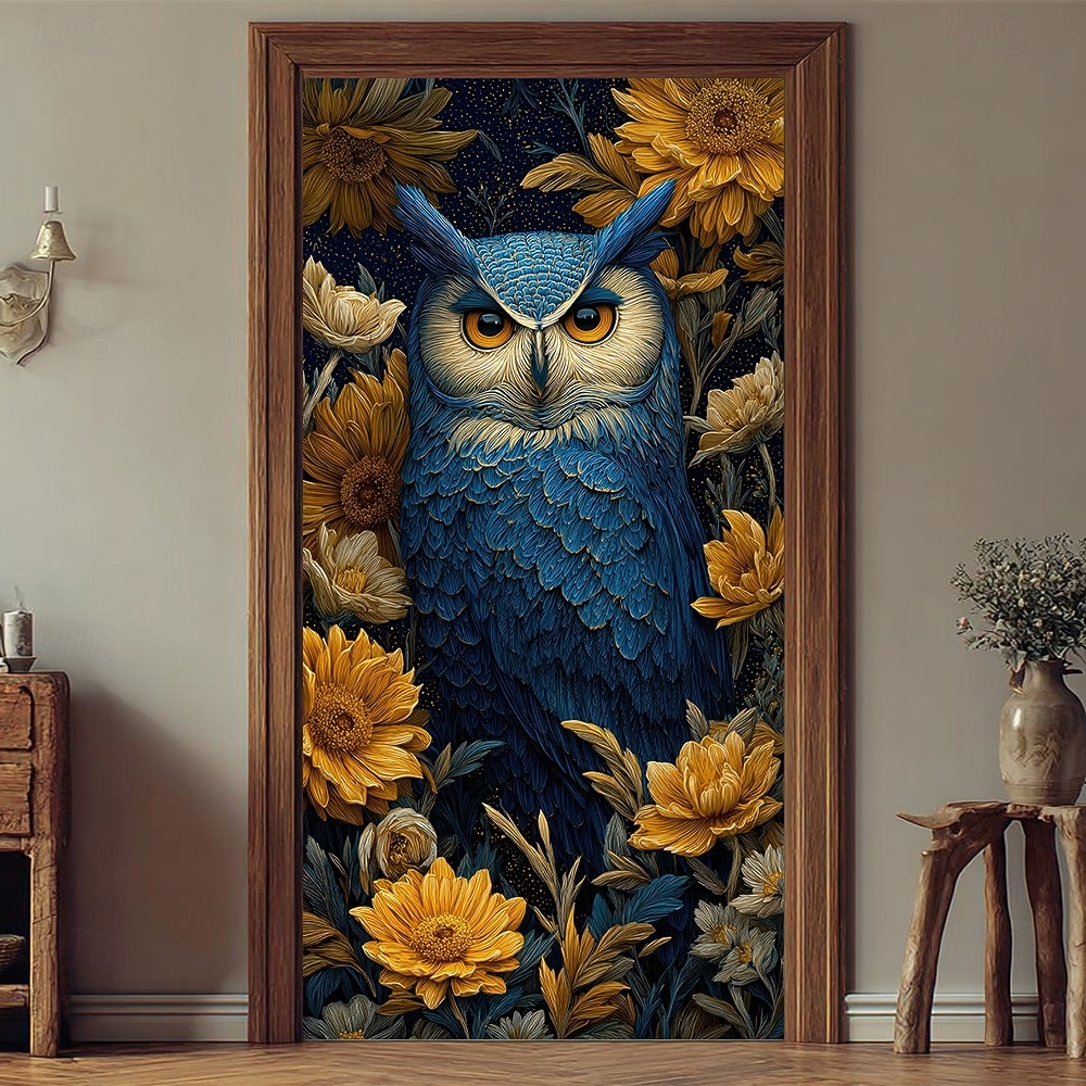 sininen pöllö keltaisilla auringonkukilla keskiyön kukkataide tähtitaivas ovibanneri seinävaate autotallin oven banneri kodin sisustus etuoven koristelu eteisen sisustus sisällä ja ulkona 2026 - $17.99 –P2