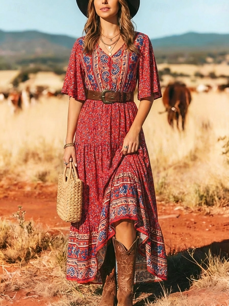Women's Maxi Dress Boho Dress Casual Dress Floral Dress Elegant Fashion Modern Outdoor Beach Vacation Loose Fit Paisley Short Sleeve V Neck Blue Black Yellow Red Summer Spring 2026 - $32.99 –P1