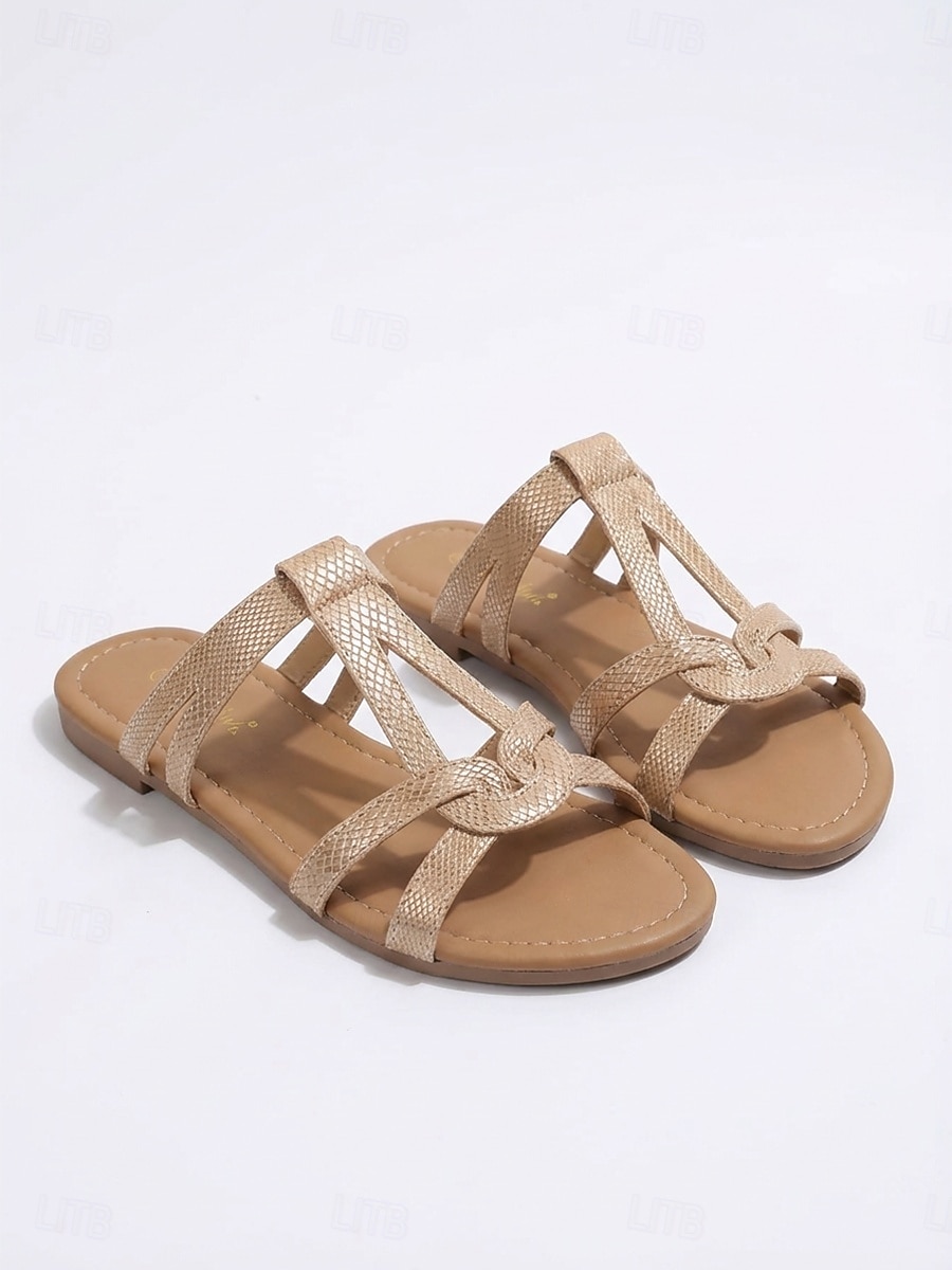 Women's Chic Nude Snake Print Flat Sandals - Strappy Boho Slide Sandals with Interlocking Knot Design for Poolside Vacations, Summer Beach Travel & Resort Wear 2026 - $26.99 –P4