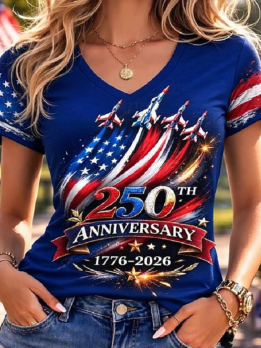 Unabhängigkeitstag Amerikanisches Jubiläum Patriotisches Frauen T-Shirt Druck Grafik Flagge Vintage Stilvoll Klassisch Kurzarm V-Ausschnitt Reguläre Oberteile Täglich Blau Schwarz Weiß Rot Sommer 2026 - $21.99 –P6
