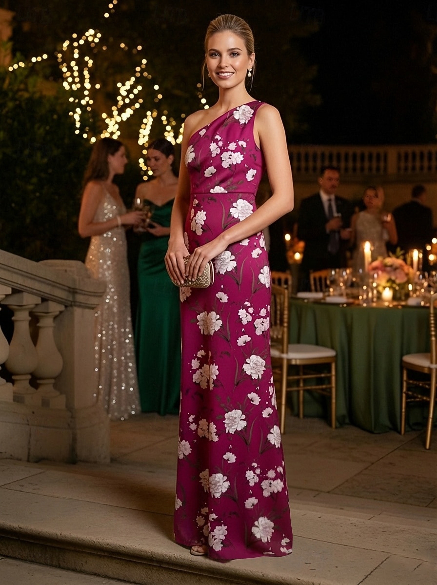 Sheath Column Floor Length Print Dress Evening Gown Prom Dresses Evening Gown Ball Gown Formal Dress Elegant Vintage Sleeveless One Shoulder Garden Party Wedding Satin with Floral Print 2026 - $195.99 –P1