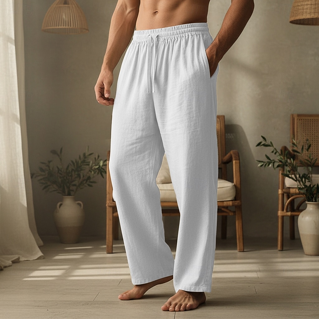 Herren Leinenhosen Hose Sommerhose Kordelzug Elastischer Bund Gerader Schnitt Einfach Komfort Atmungsaktiv Volle Länge Lässig Täglich Ferien Urlaub Mode Schwarz Weiß Unelastisch 2026 - $21.99 –P3