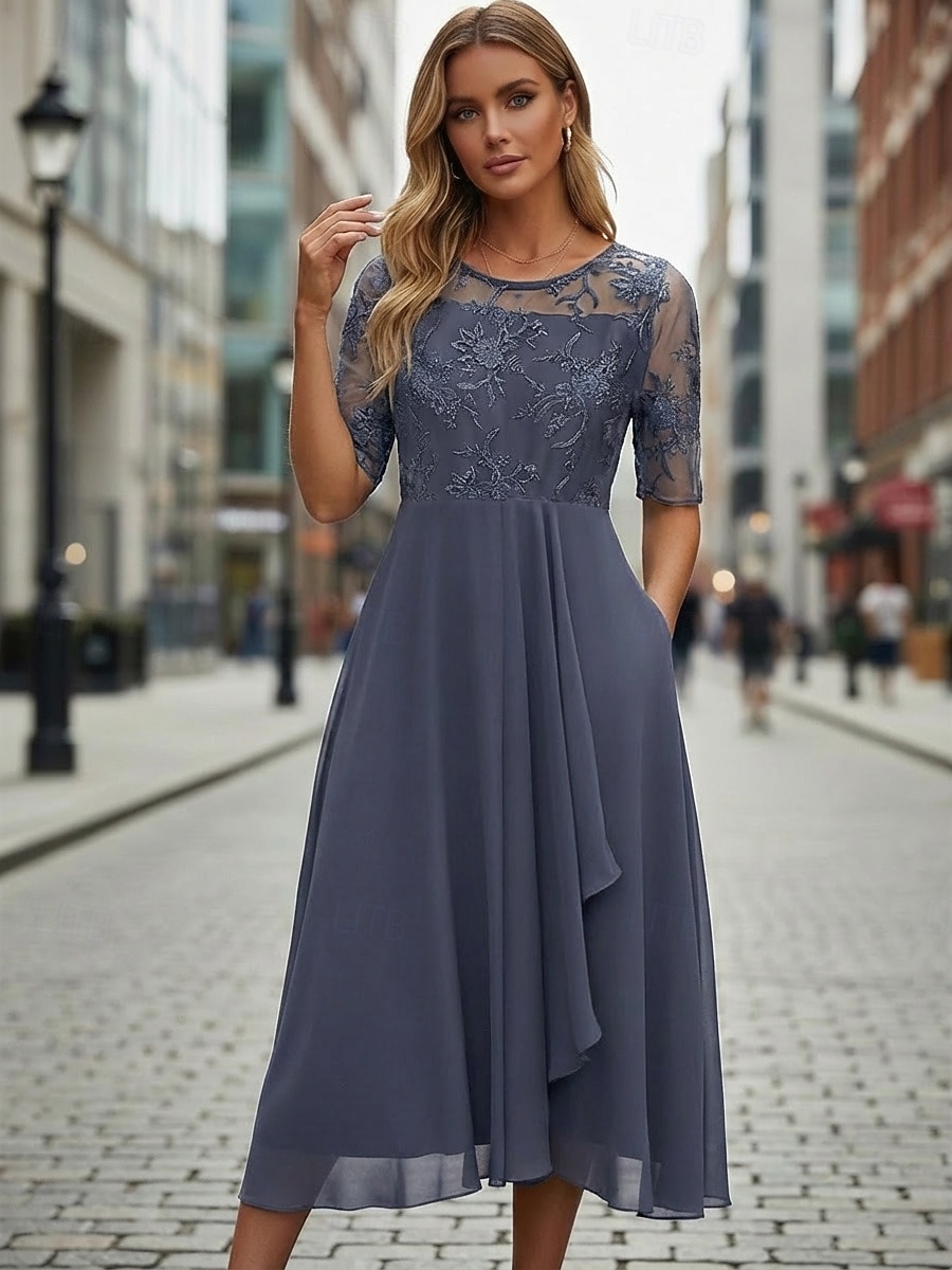 Dam Midiklänning Chiffongklänningar Spetsklänning Cocktail klänning Bröllopsgästklänning Elegant Formell Fest Bröllop Normal Halvlång ärm Rund hals Rodnande Rosa Guld Grön Mörkblå Sommar 2026 - $43.99 –P8