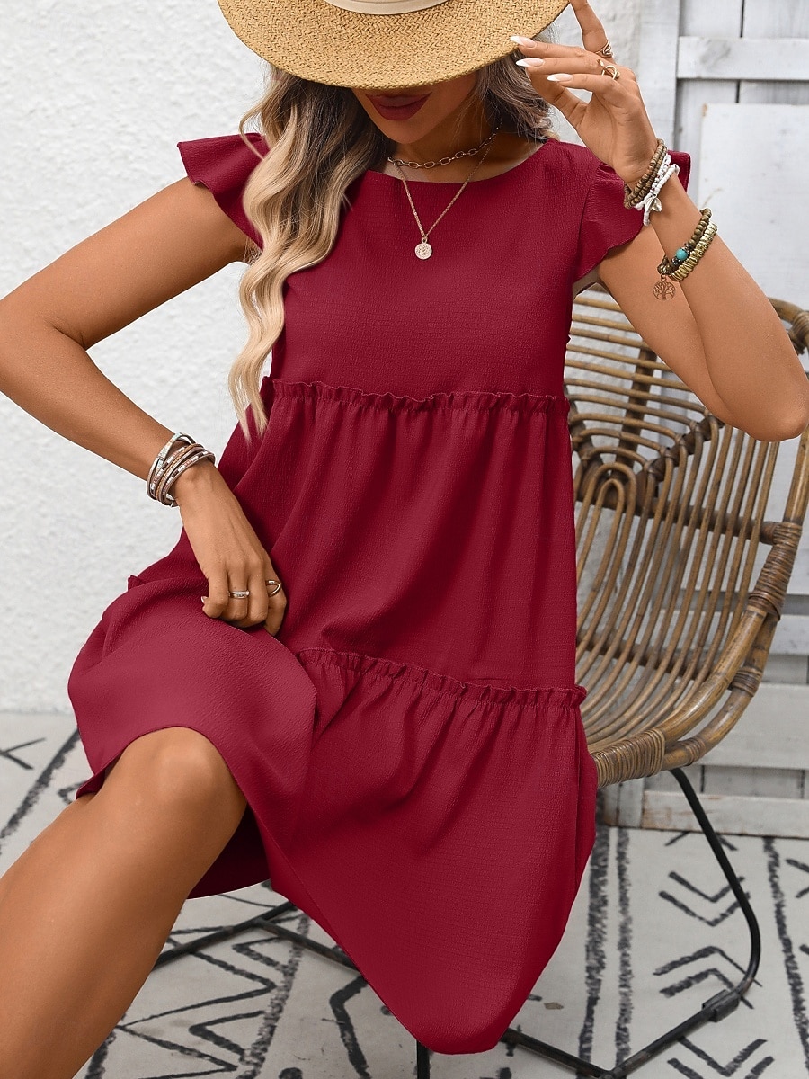 Mulheres Minivestido Vestido casual vestidos peplum Elegante Moda Moderno Ao ar livre Férias Para Noite Ajuste Largo Tecido Manga Curta Gola Redonda Azul Preto Verde Tropa Vinho Verão Primavera de 2026 por $21.99 –P15