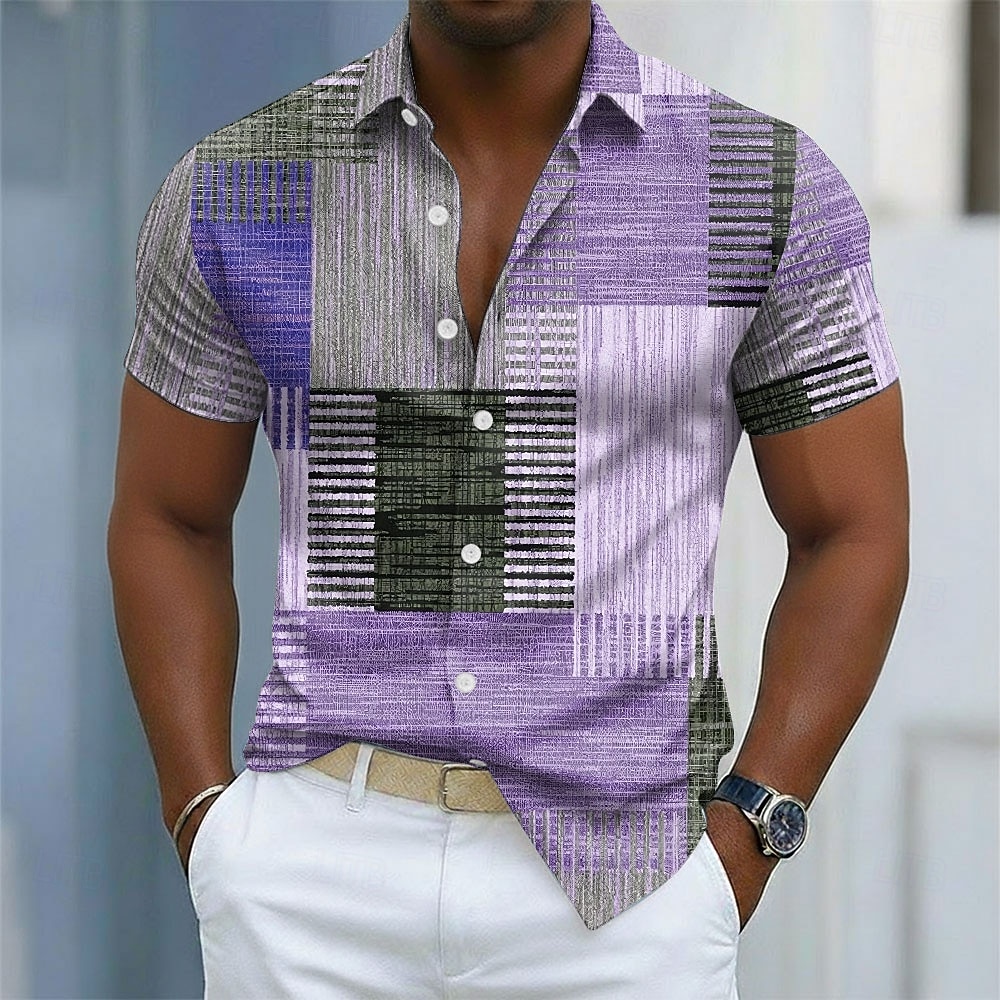 Men's Geometric Color Block Patchwork Shirt Button Up Shirt Casual Dress Shirt Short Sleeve Fashion Casual Streetwear Vacation Spring Fall Turndown 3D Print Collared Shirts Blue Purple Green Khaki 2026 - $25.99 –P4