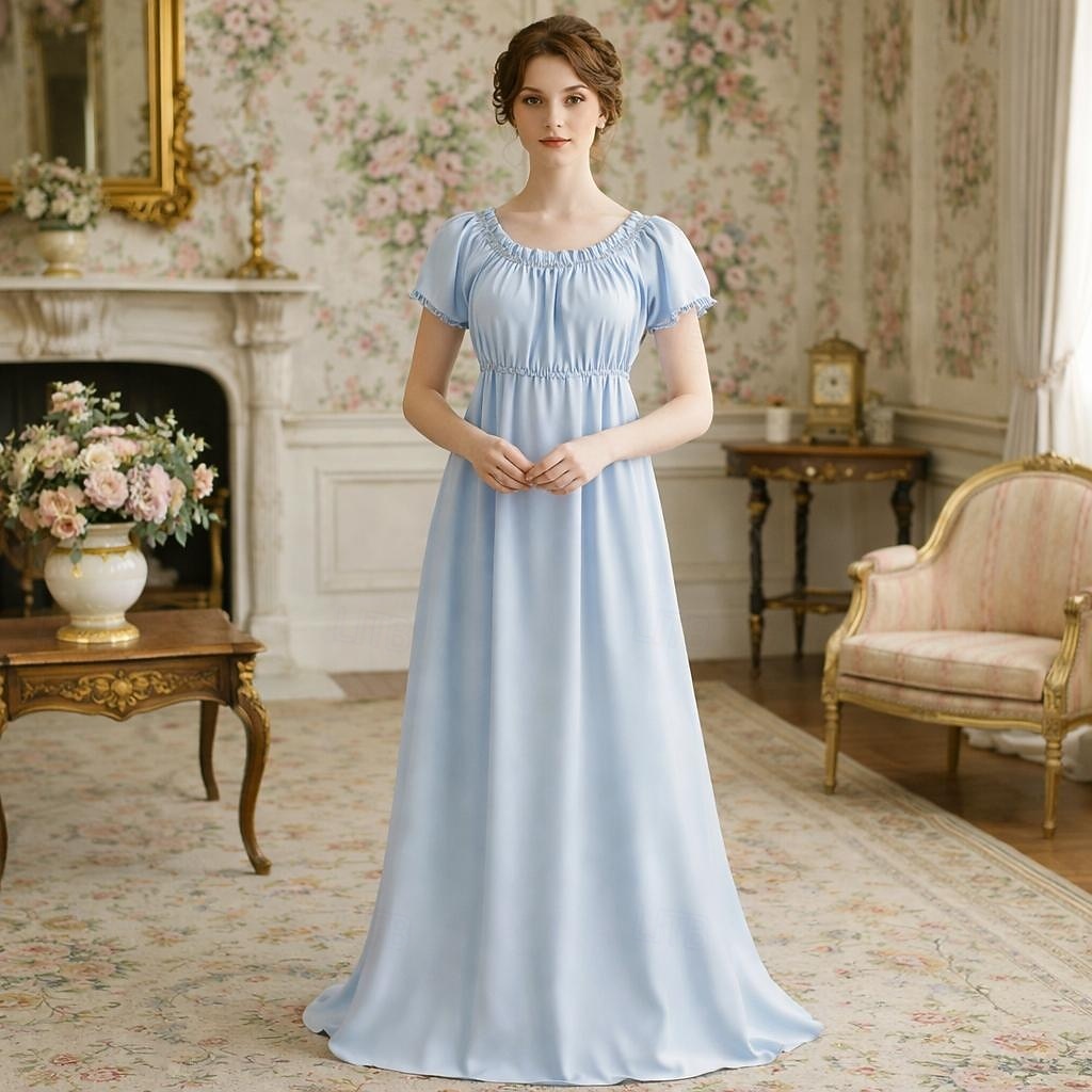 Renaissance 19ème siècle Période de la Régence Longueur au sol Robe Manches courtes Princesse Dame Col rond Déguisement Femmes Royal Halloween Carnaval Foire de la Renaissance Soirée à thème rétro de 2026 ? $59.99 –P12
