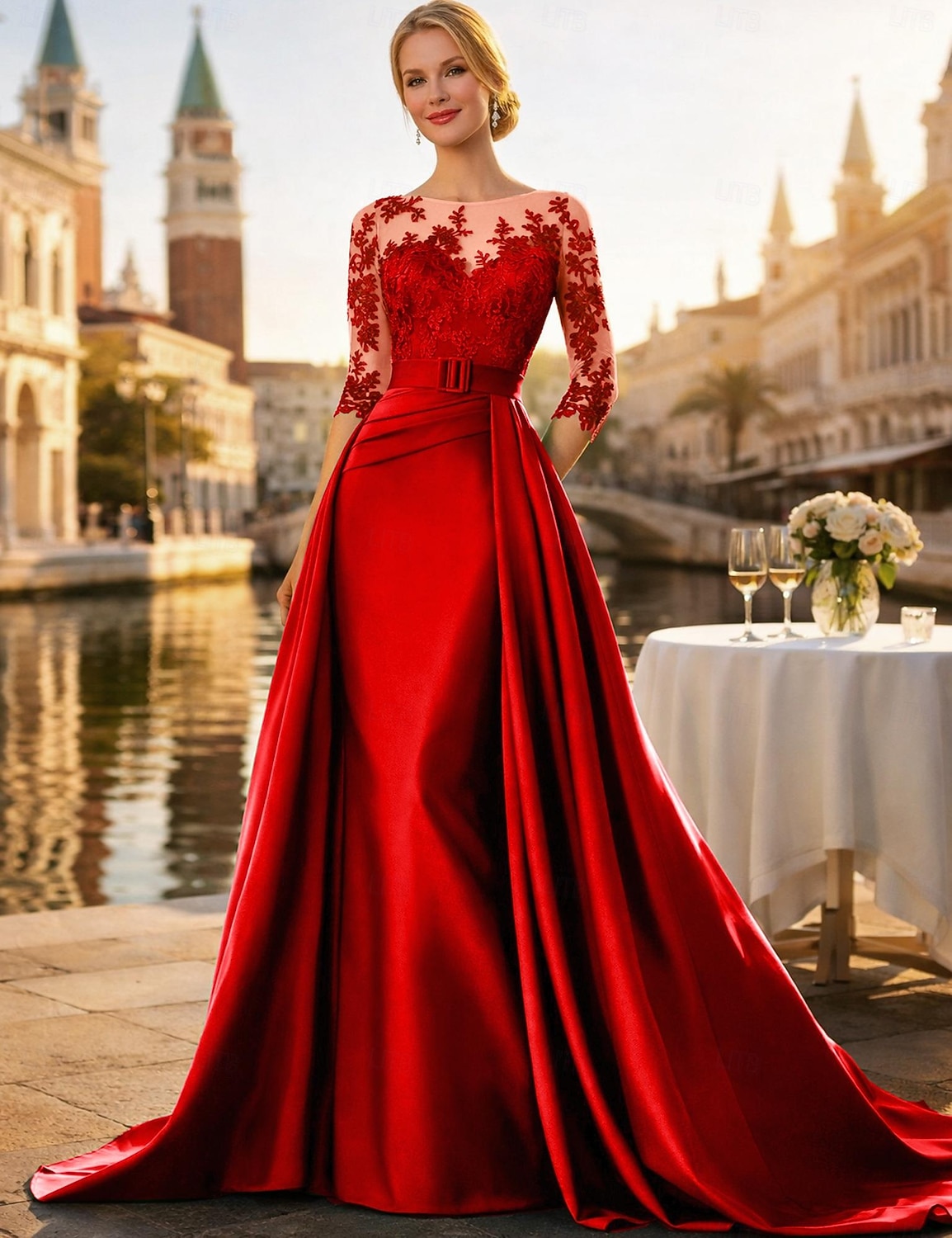 A-lijn Strijksleep Bruiloft gast jurk Formele jurk Avondjurk Moeder van de bruid jurk Lange mouw Met sieraad Elegant Zijdeachtig Kerstmis Formeel Satijn met Appliqués 2026 - $199.99 –P8