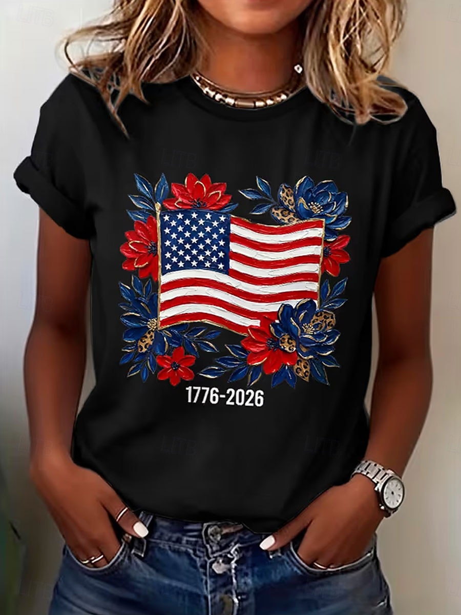 Dia da Independência Americana Mulheres Camiseta Imprimir Gráfico Letra Vintage à moda Clássico Manga Curta Gola Redonda Tops regulares Diário Azul Preto Branco Verão Primavera de 2026 por $22.99 –P3