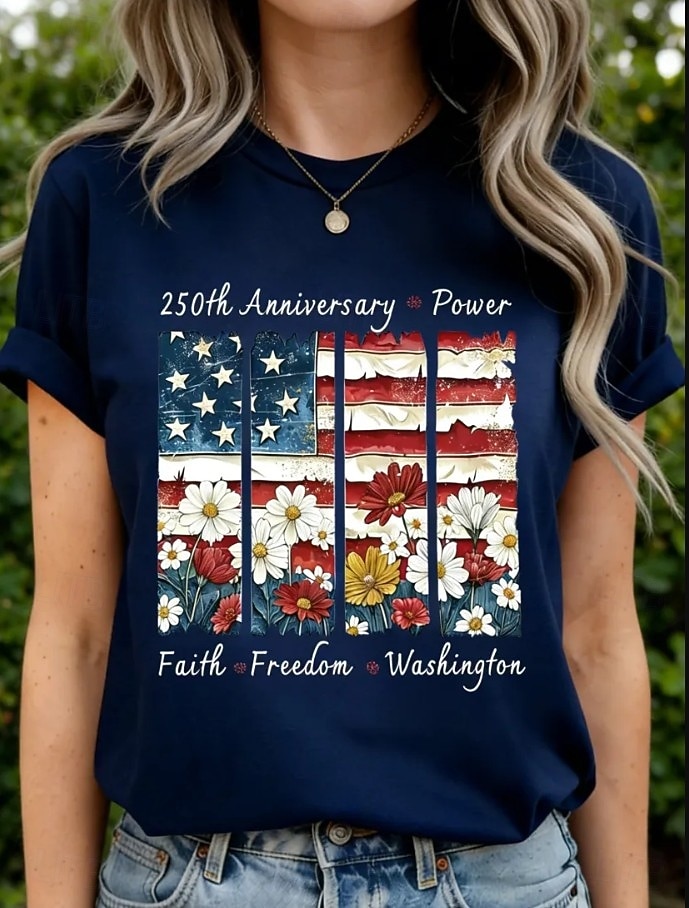 American Independence Day Women's T Shirt Print Graphic Letter American Flag Stylish Classic Casual Short Sleeve Crew Neck Regular Tops Daily Black White Red Navy Blue Beige Summer Spring 2026 - $22.99 –P3