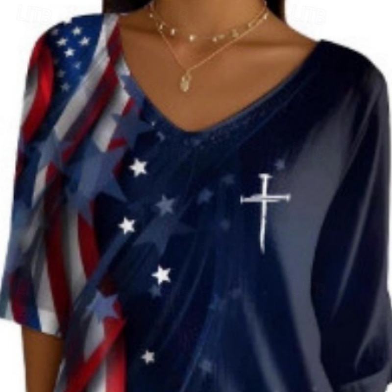 American Independence Day Women's Shirt Blouse Patchwork Buttons Vintage Stylish Classic Half Sleeve V Neck Regular Tops Daily Holiday Going out Navy Blue Summer Spring 2026 - $21.99 –P2