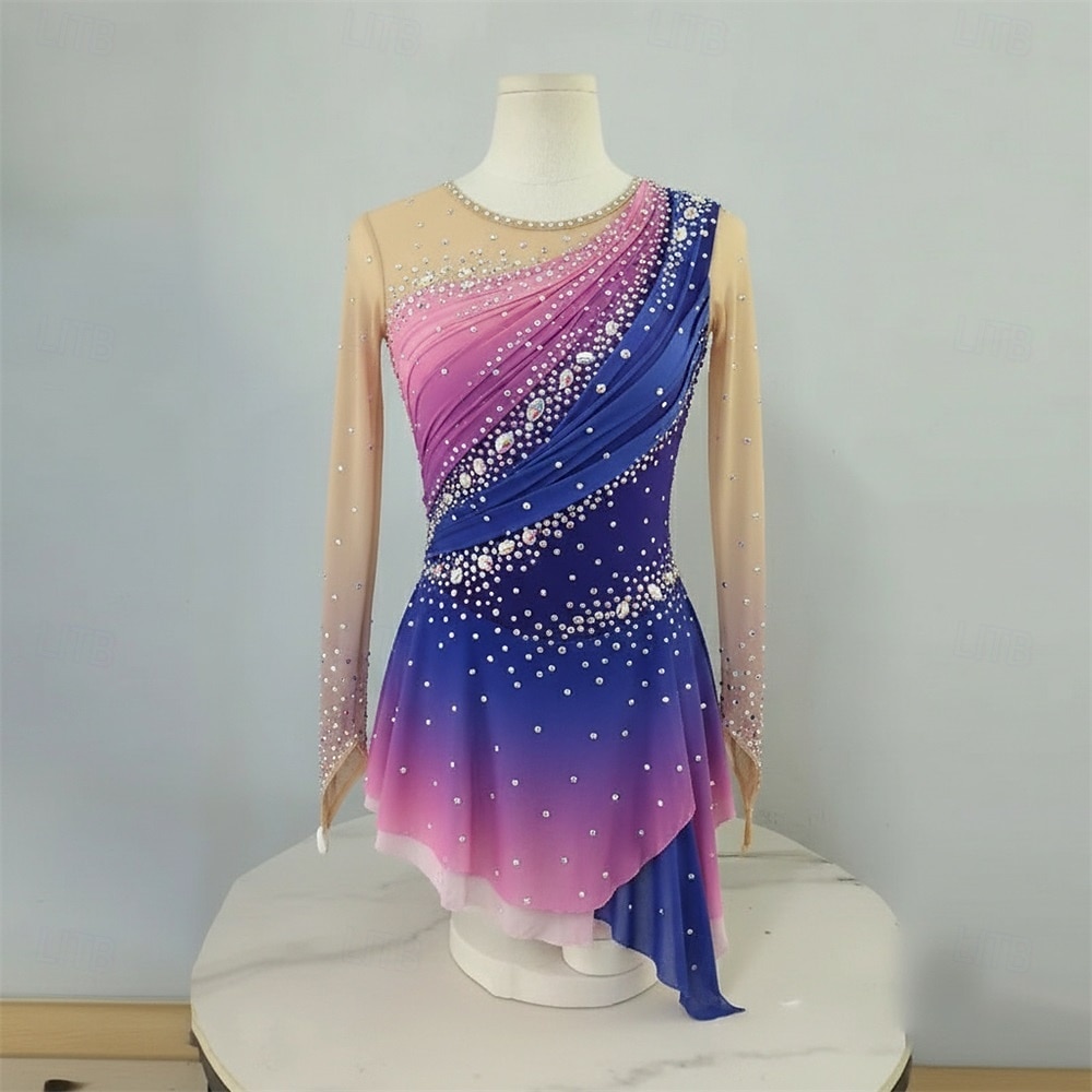 Vestido de patinaje artístico Mujer Patinaje Sobre Hielo Vestidos Azul Piscina Rosado Retazos Dedo Pulgar Elástico Entrenamiento Competición Ropa de Patinaje Clásico Cristal / Strass Manga Larga 2026 - $275.89 –P1