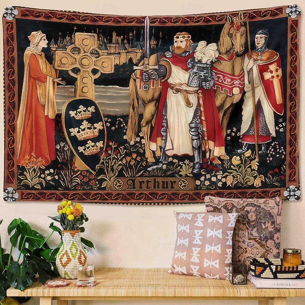 Tapisserie murale médiévale représentant le roi Arthur, un chevalier, avec le texte d'Arthur, une croix celtique et un écu royal. Tissu vintage à suspendre, idéal pour une bibliothèque, un garage de 2026 ? $42.99 –P1