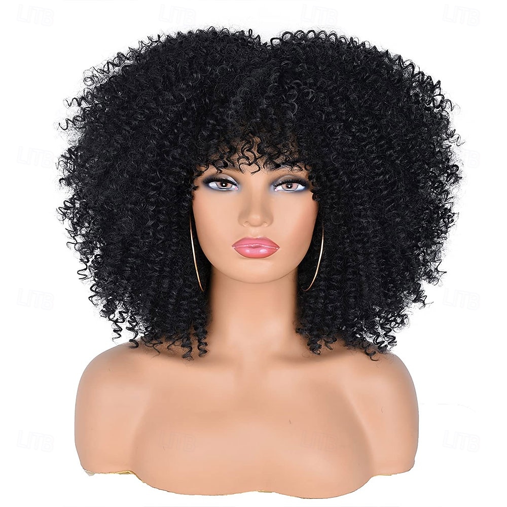 Кудрявые афро-парики для чернокожих женщин, афро-парик с челкой, без клея, пышный и объемный, как бомба, подходит для повседневной носки и работы, черный цвет 2026 - $30.99 –P2