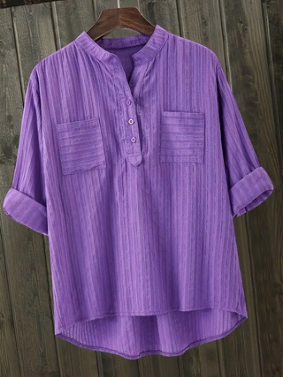 Women's 100% Cotton Blouse Shirt Faux Linen Solid Color Elegant Daily Basic Long Sleeve V Neck Regular Tops Daily Black White Yellow Purple Spring Fall 2026 - $34.99 –P6