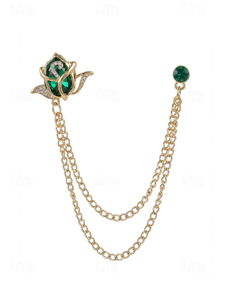 Spilla da bavero da uomo in lega con rosa e catena, accessorio per abiti da sposa e da festa, vari colori, elegante spilla floreale per occasioni formali del 2026 a $11.99 –P7