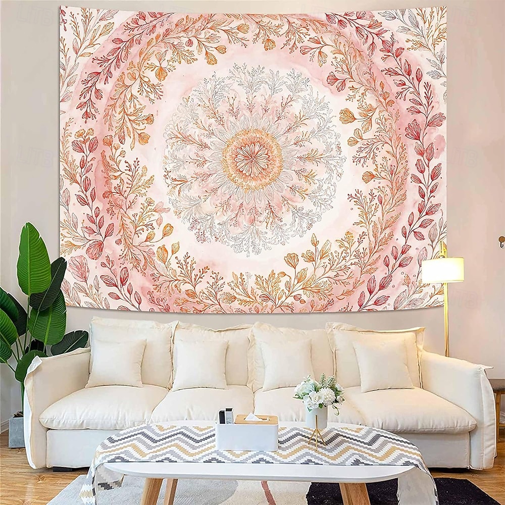 tapeçaria de parede com mandala floral em tons pastel de rosa aquarela, estilo boho romântico, com guirlanda de flores pêssego, ideal para decoração de quarto ou dormitório feminino. de 2026 por $19.99 –P2