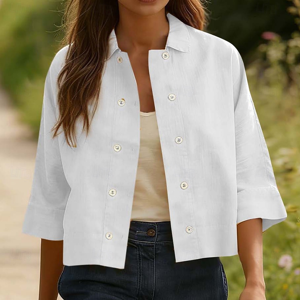 Mulheres Camisa Social Camisas com toque de linho Camisa casual camisa de botão Botões Côr Sólida Férias Vintage Moda Meia Manga Aberto para a Lateral Tops regulares Diário Feriado Roupa de Praia de 2026 por $22.99 –P2