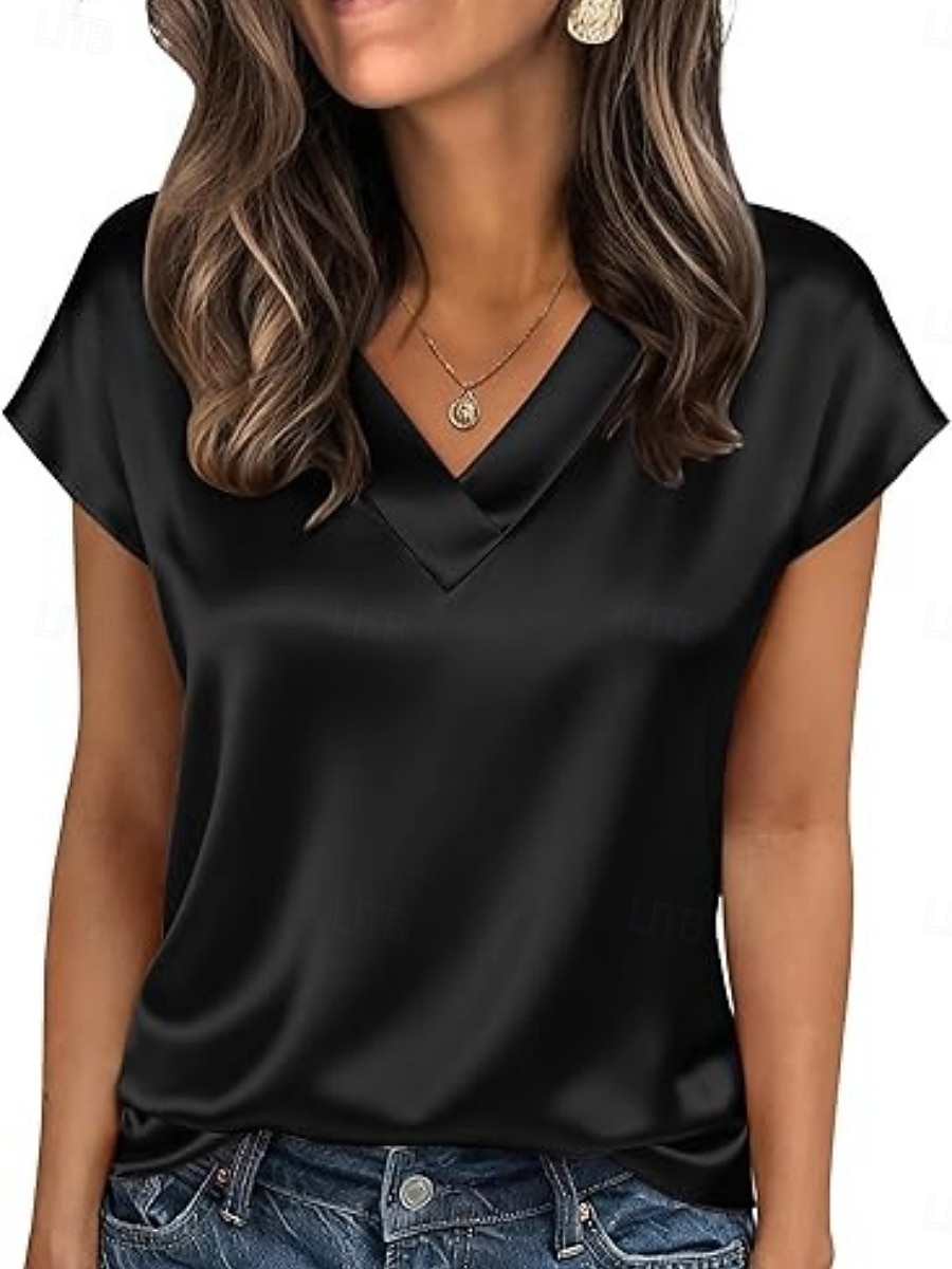 Damen Satin-Top Bluse Einfarbig Stilvoll Basic Lässig Kurzarm V Ausschnitt Normale Oberteile Täglich Blau Schwarz Weiß Champagner Rote Sommer Frühling Herbst 2026 - $19.99 –P6