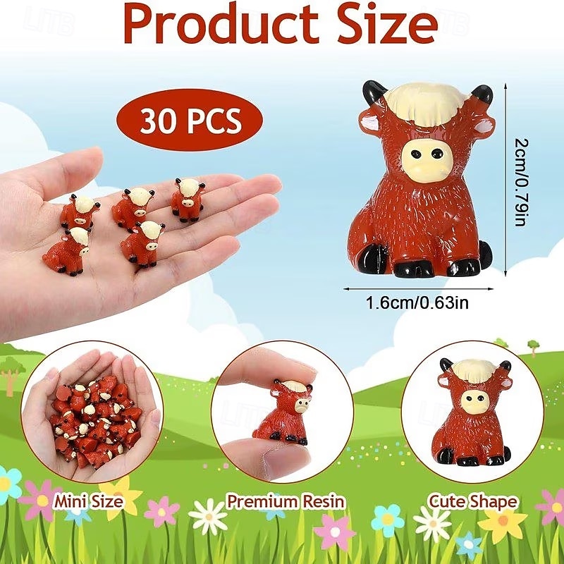 30 mini-beeldjes van Schotse hooglandkoeien, decoratieve kleine dieren van hars voor tuin- en miniatuurlandschappen, poppenhuizen, mos-terrariums en taartdecoratie. 2026 - $16.99 –P7