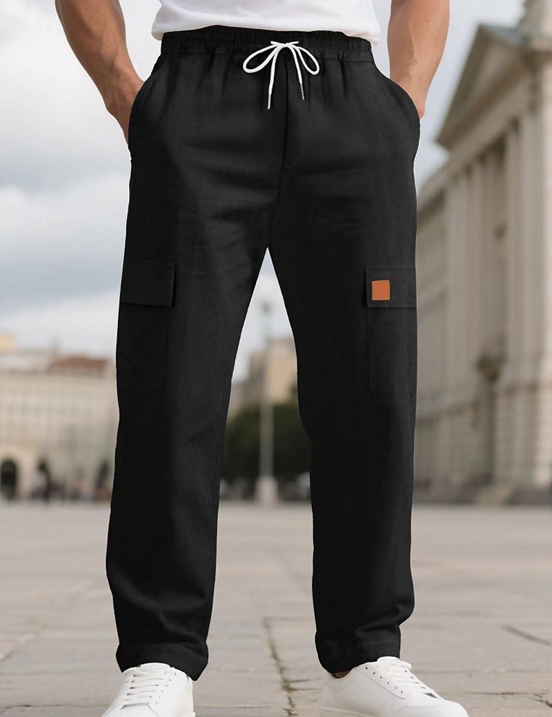 Men's Linen Pants Trousers Summer Pants Beach Pants Drawstring Elastic Waist Solid Color Comfort Breathable Full Length Daily Outdoor Beach Vacation Fashion Black White Inelastic 2026 - $22.99 –P6